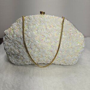 Vintage Beaded Sequin Evening Clutch Purse Gold Color Chain Strap Hong Kong
